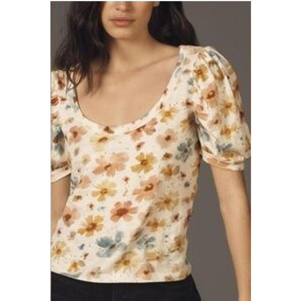 Anthropologie Dainty Floral Pure Cotton Short Sleeve Puff Sleeve Blouse